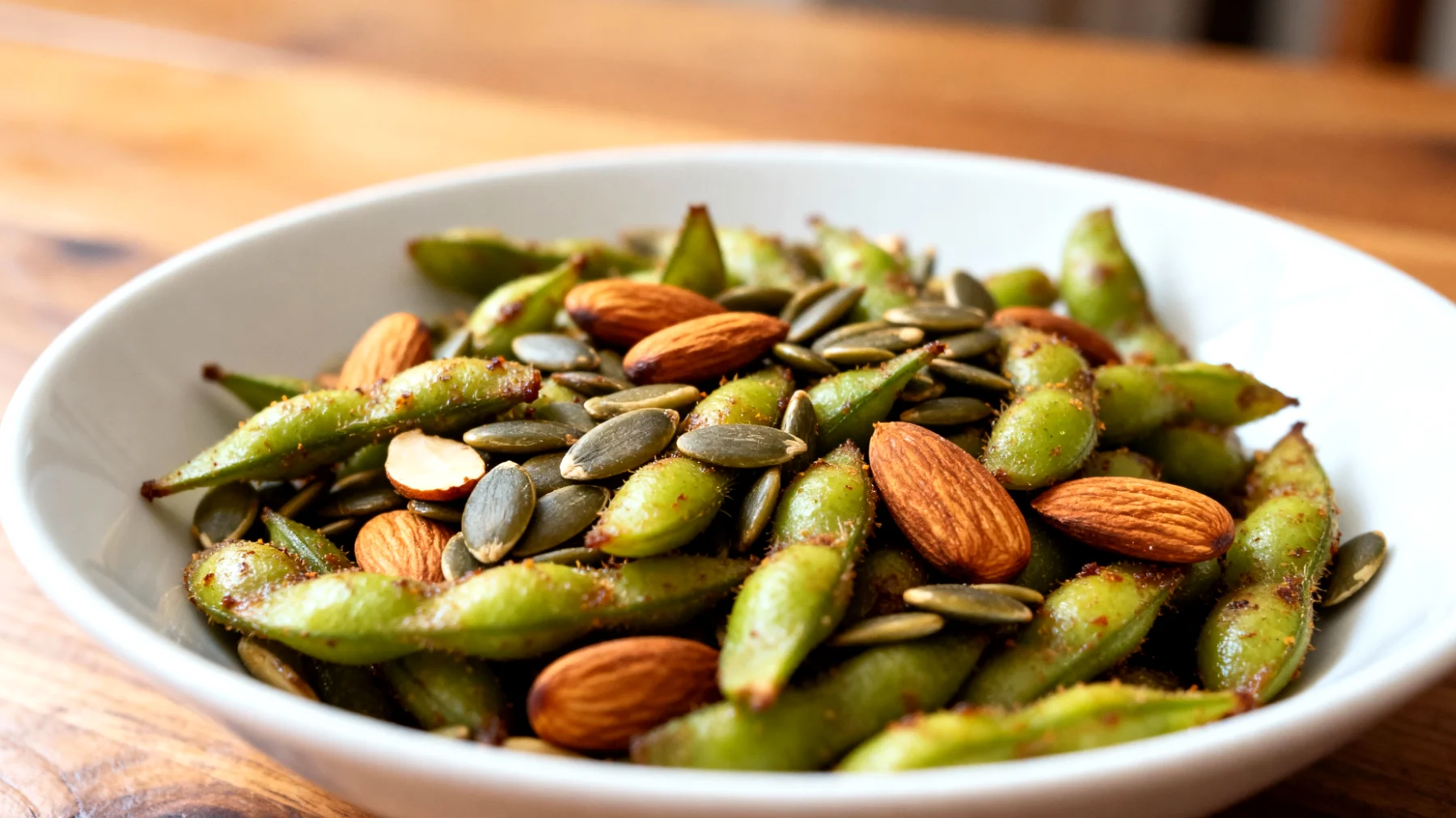 Edamame tostati con semi di zucca e mandorle"