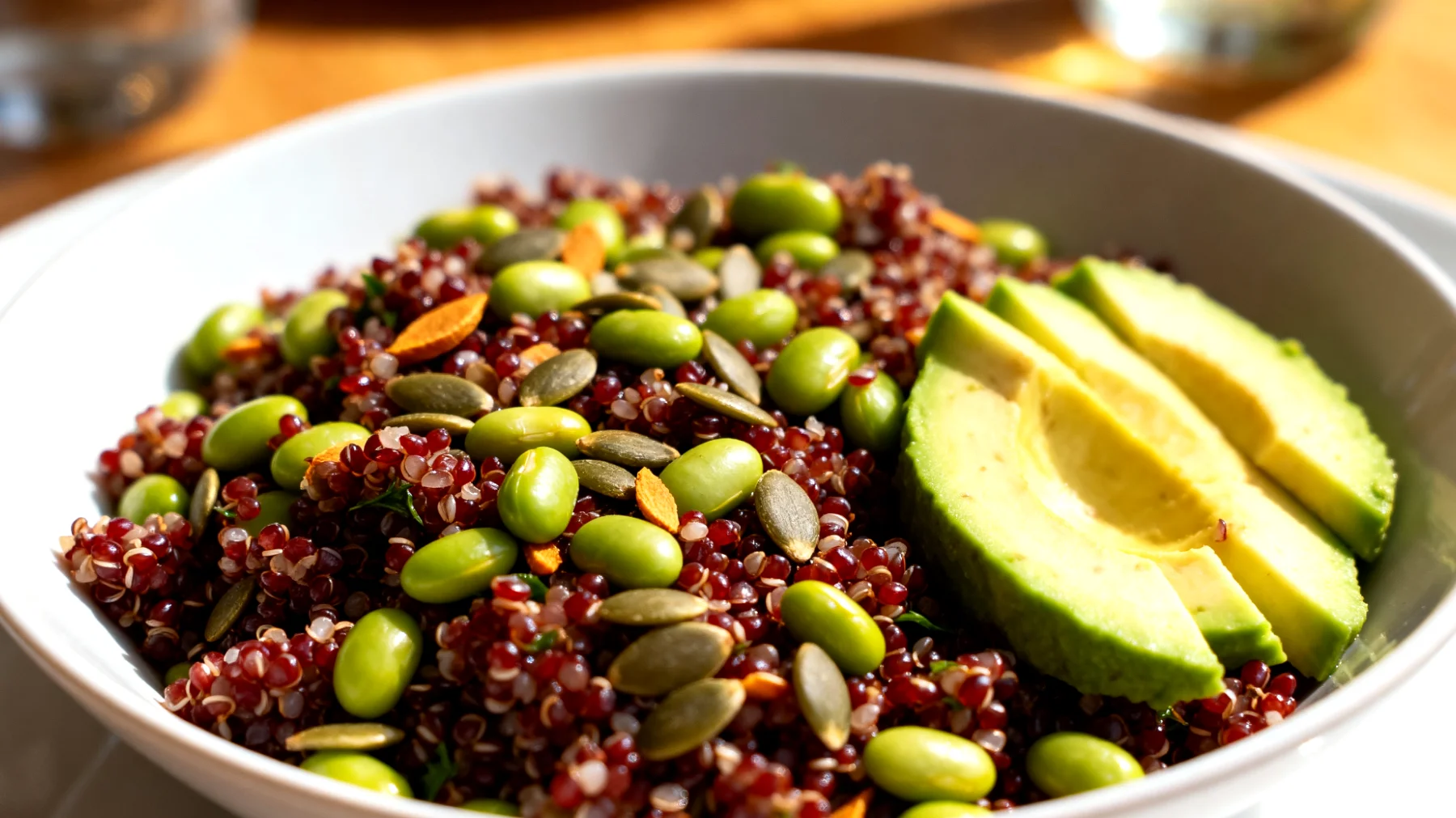 Insalata di quinoa rossa con edamame, semi di zucca e avocado"