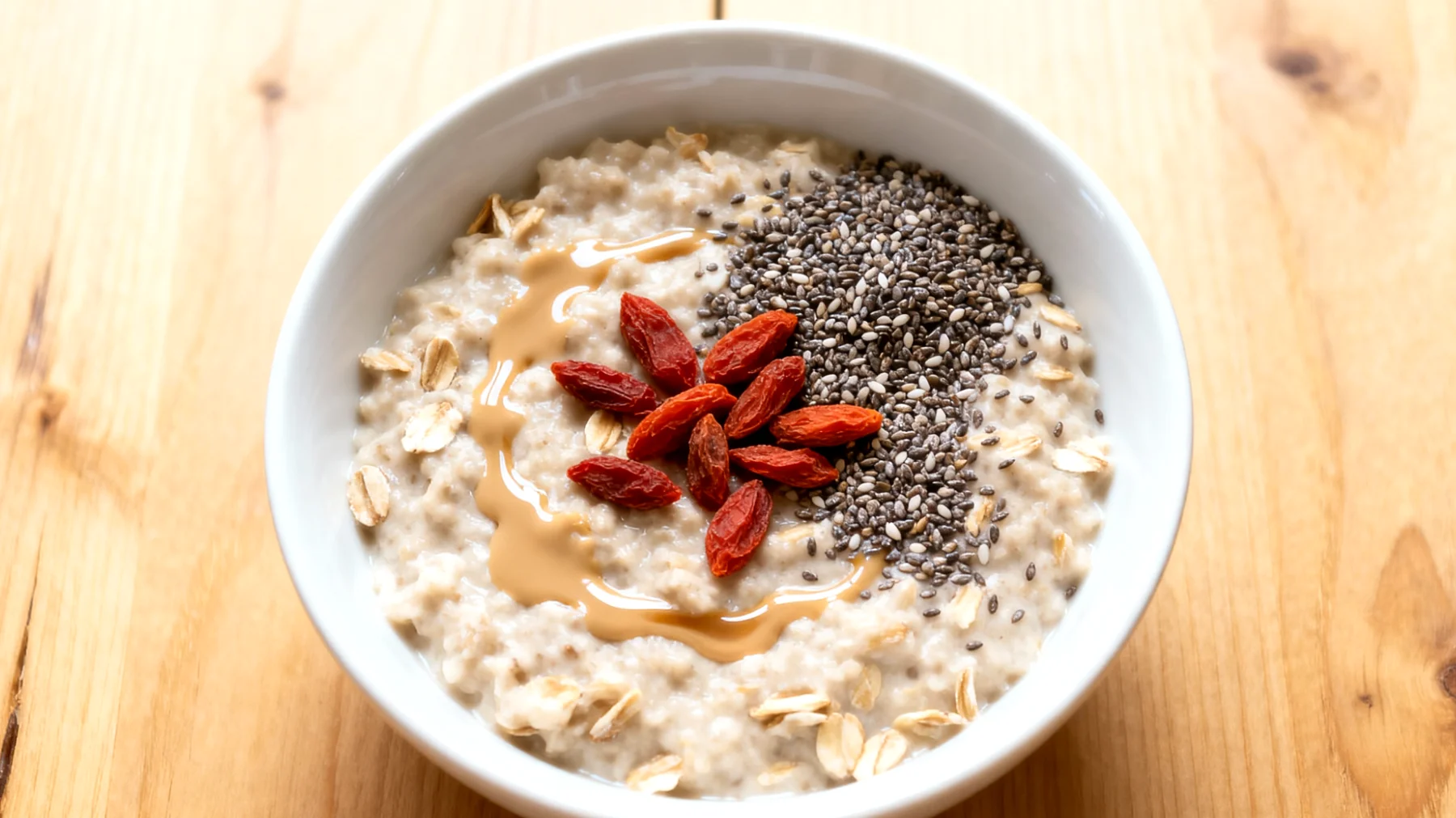 Porridge di avena con semi di chia, bacche di goji e tahini"