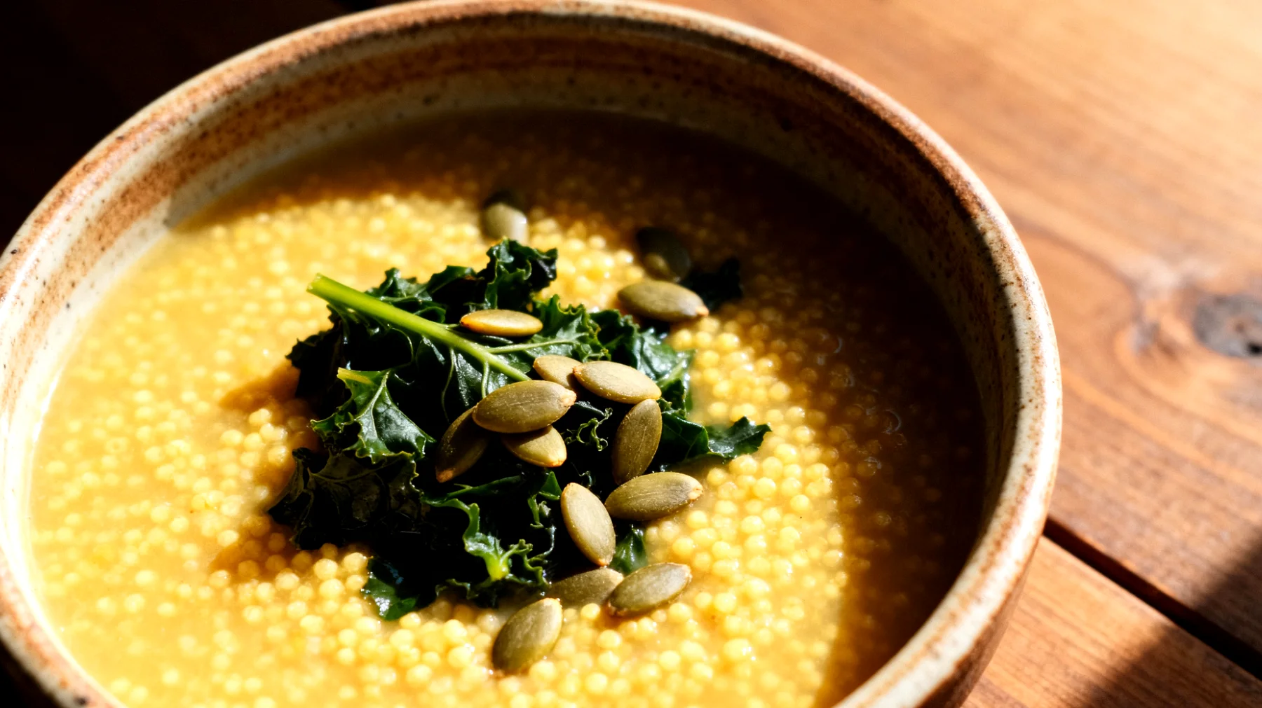 Zuppa di miglio con verdure amare e semi di zucca"