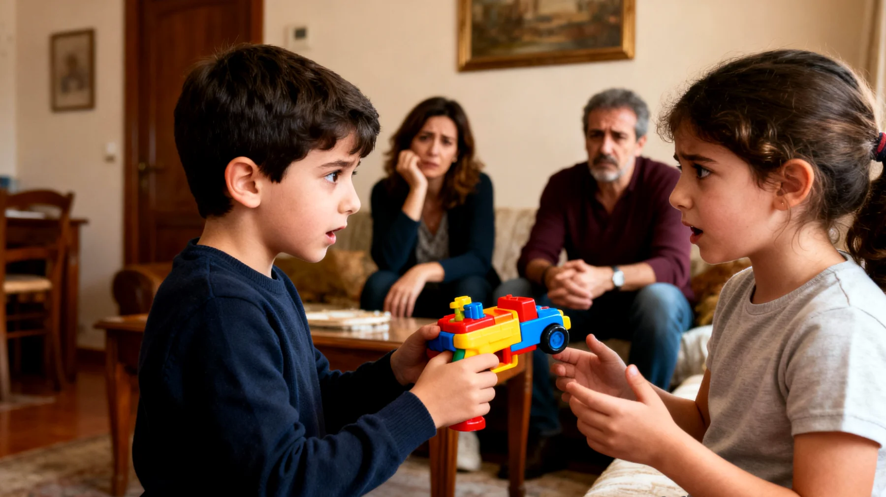 I genitori faticano a gestire la gelosia e la rivalità tra fratelli bambini, che si manifesta con litigi frequenti, competizione per l'attenzione e difficoltà nella condivisione di giochi e spazi comuni"