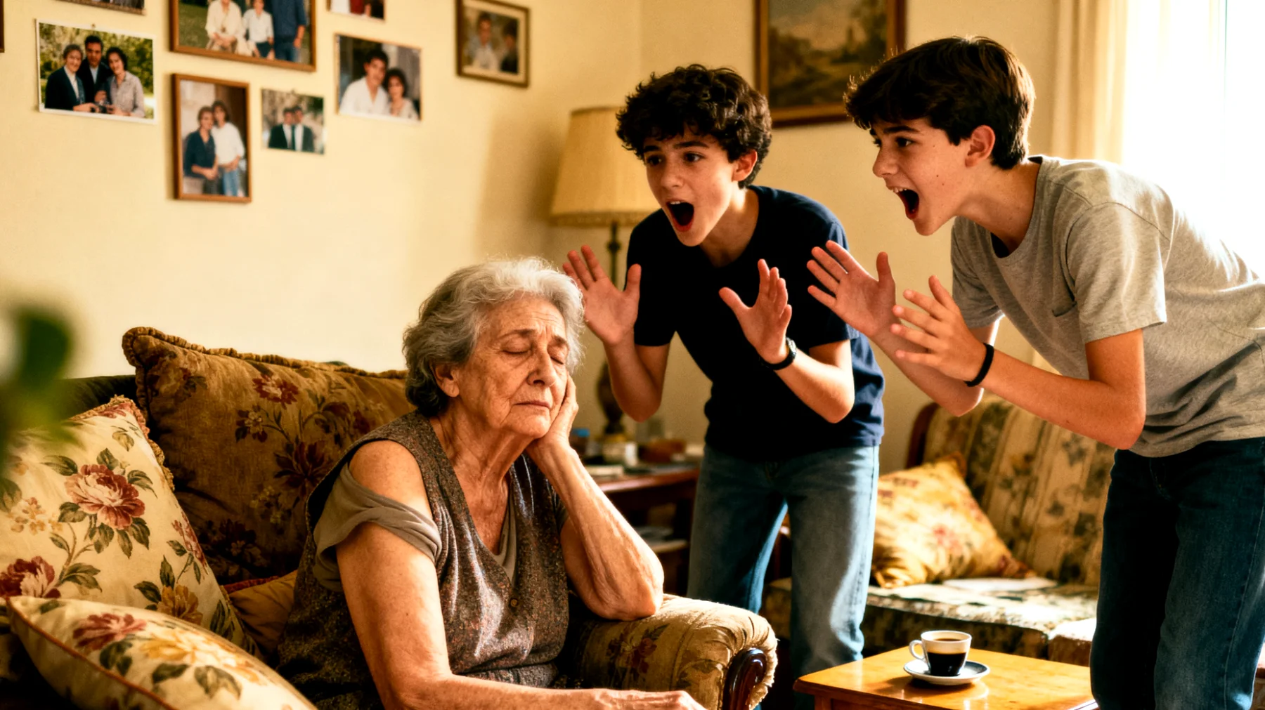 Nonna che si sente emotivamente soffocata da nipoti adolescenti eccessivamente dipendenti che richiedono costante attenzione, approvazione e presenza, impedendole di avere spazi personali e creando sensi di colpa quando cerca di dedicarsi a se stessa"