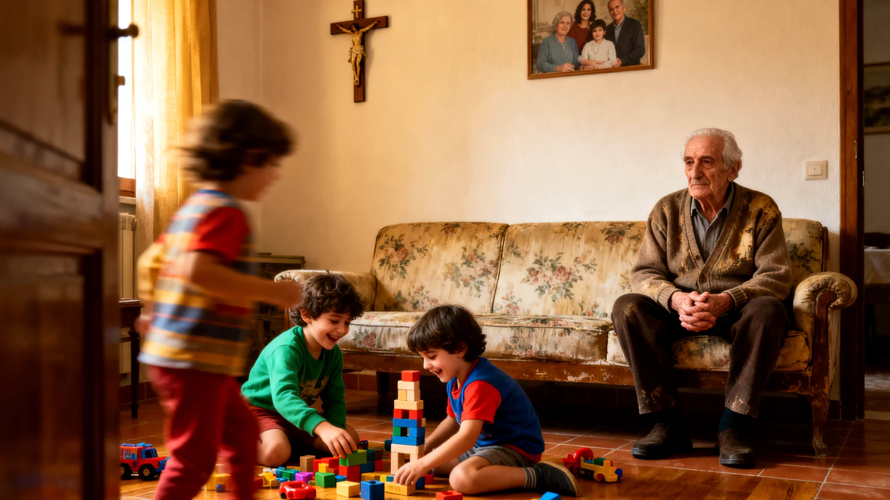 Un nonno che desidera instaurare un dialogo più profondo e affettuoso con i suoi nipoti bambini, ma fatica a esprimere emozioni e sentimenti, limitandosi a interazioni superficiali o pratiche"