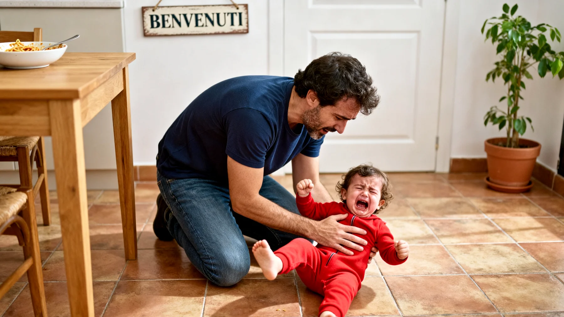 Papà che fatica a gestire le reazioni esplosive e i capricci del bambino quando non ottiene ciò che vuole immediatamente, creando tensioni quotidiane e senso di impotenza nel genitore"