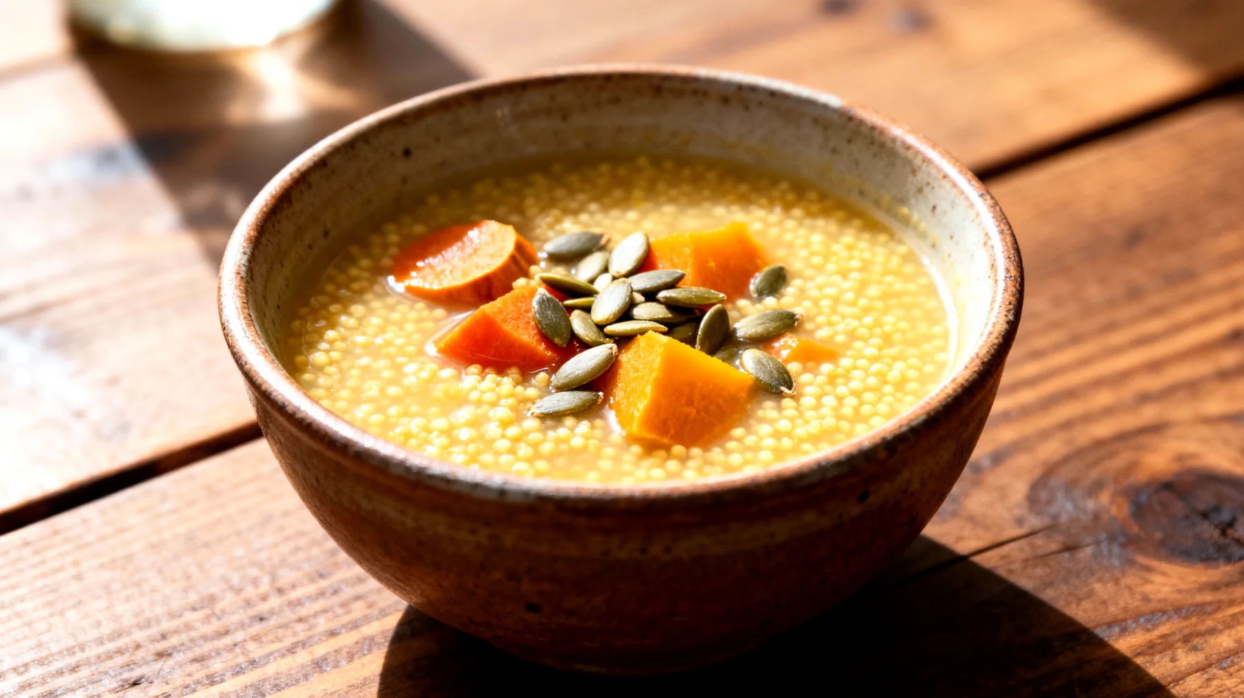 Zuppa di miglio con verdure di stagione e semi di zucca"