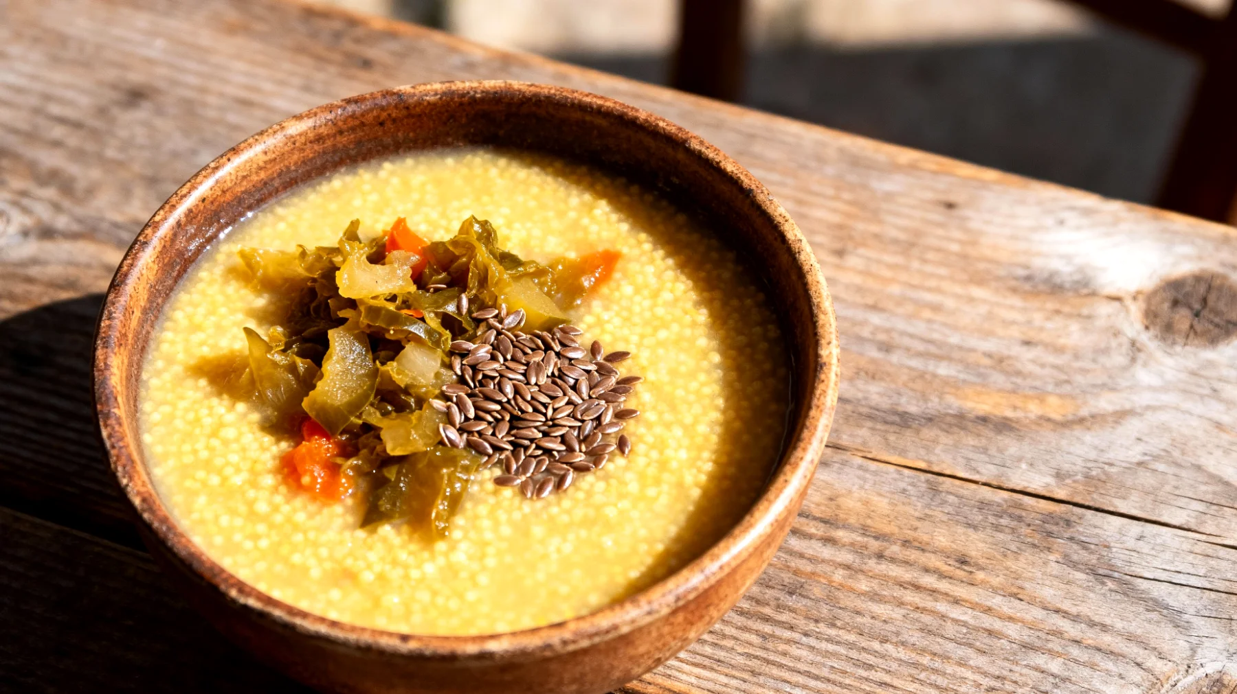 Zuppa di miglio con verdure fermentate e semi di lino"